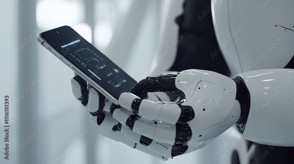 Poster advanced humanoid robot holding smartphone while interacting with digital interface in modern techno