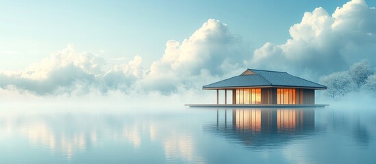 Fototapeta premium Wooden house surrounded by serene mist and calm waters under a gentle sky, creating a tranquil and peaceful retreat atmosphere.