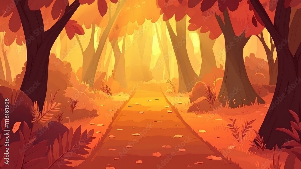 Poster serene autumn forest path with vibrant orange foliage and warm sunlight filtering through trees invi