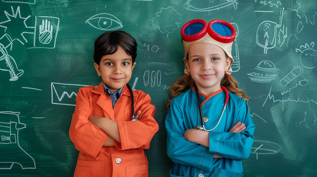 Children and the idea of a career or school Little Desi boys and girls smiling in front of a green chalkboard featuring pilo doodling
