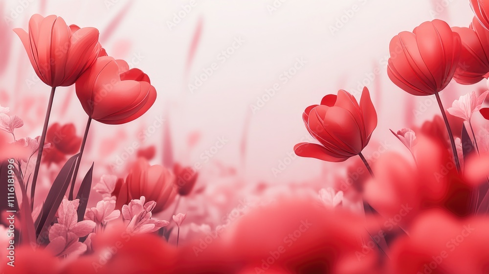 Poster Light pink background with vibrant red tulips in spring creating a serene and inviting atmosphere with ample copy space for text