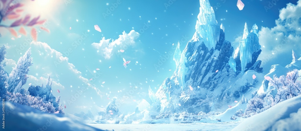 Poster majestic ice crystals and snow-capped mountains under a bright blue sky with floating ice shards and