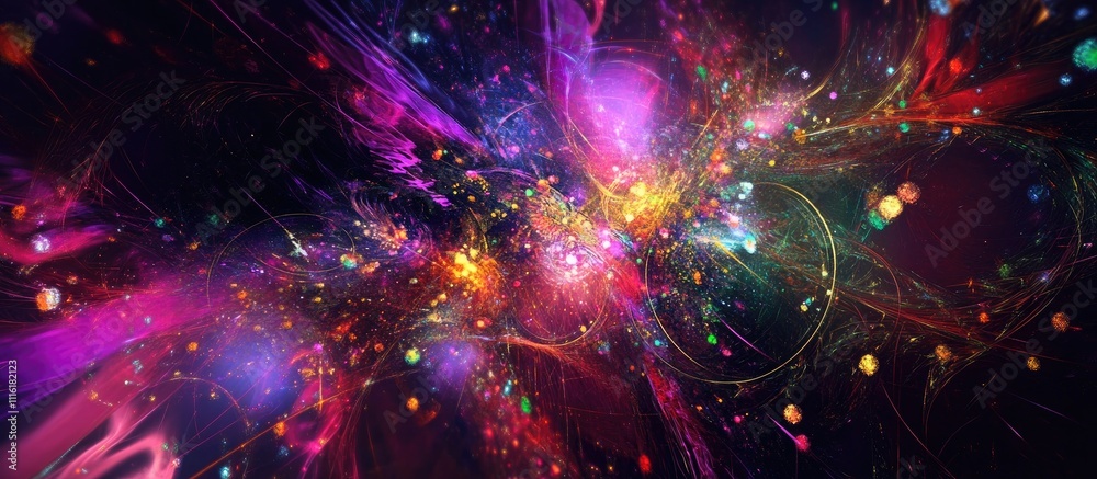 Poster Colorful abstract explosion of lights and stars creating a vibrant cosmic scene with intricate patterns and vivid hues for digital backgrounds.