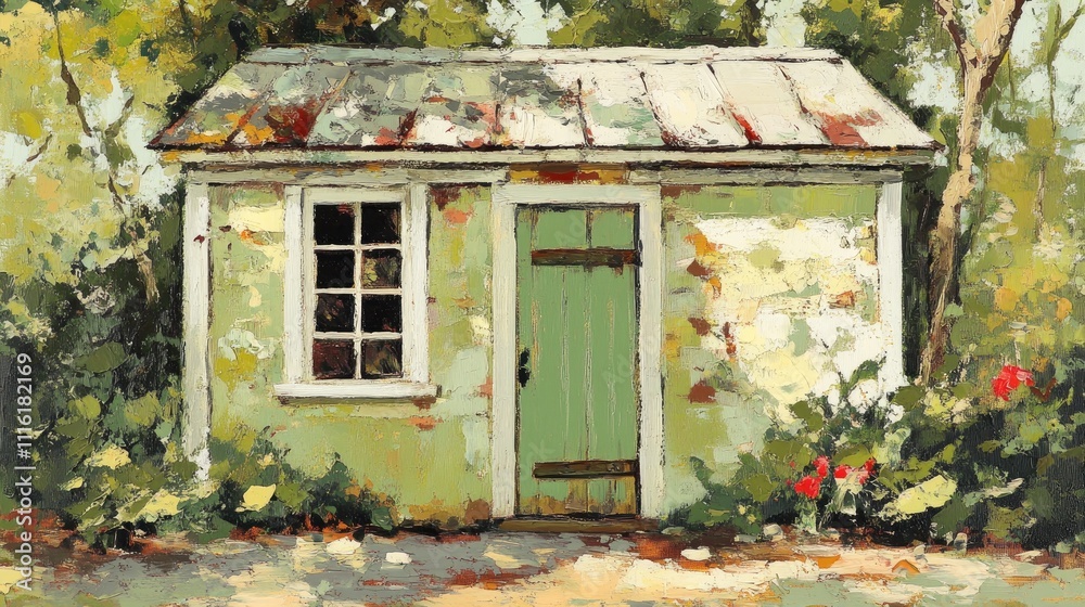 Aufkleber rustic farmhouse shed enveloped by nature showcasing weathered textures and vibrant greenery in a se