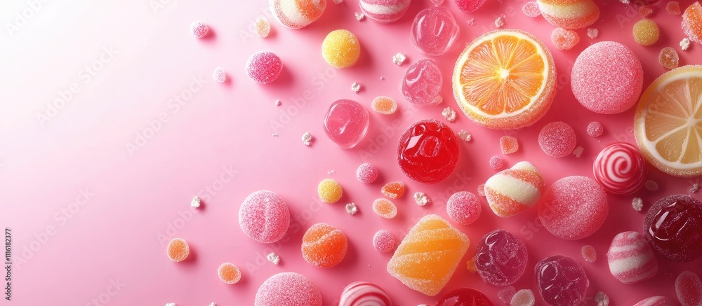 Poster Assorted colorful candies and lollipops arranged on a pink background showcasing vibrant textures and delightful shapes from an aerial view