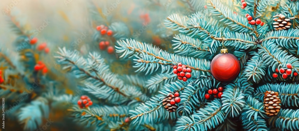 Aufkleber christmas tree close-up featuring green pine branches decorated with a red ornament red berries and 