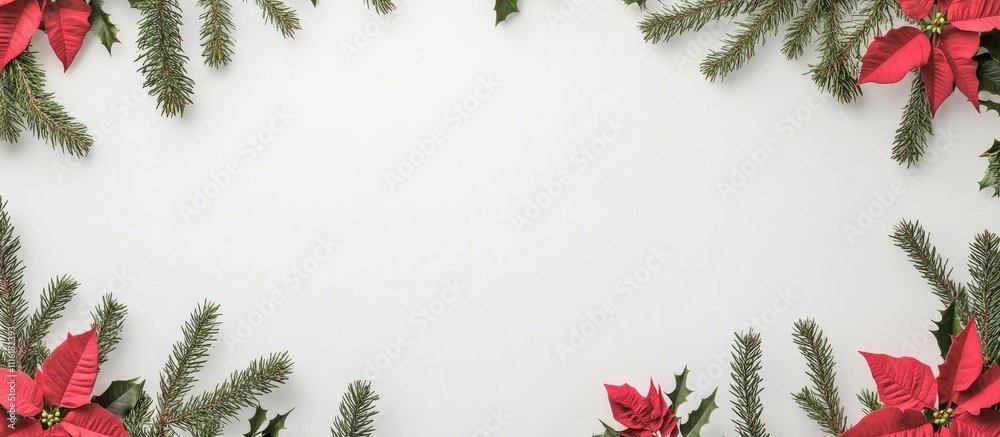 Poster christmas flat lay composition featuring a frame of poinsettia flowers and fir branches on a clean w
