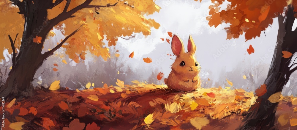 Poster autumn scene featuring a cute rabbit surrounded by colorful falling leaves in a tranquil forest sett