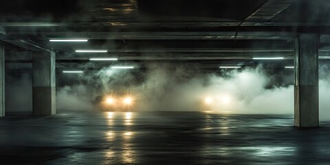 An unoccupied underground parking area featuring a vehicles lights, a multi level garage structure, and a hazy dark backdrop with smoke created through long exposure techniques.