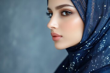 Closeup of a beautiful female Muslim model wearing dark blue modern kurung with hijab, a modern urban lifestyle apparel for Muslim women isolated on grey background. Beauty and hijab fashion concept. 