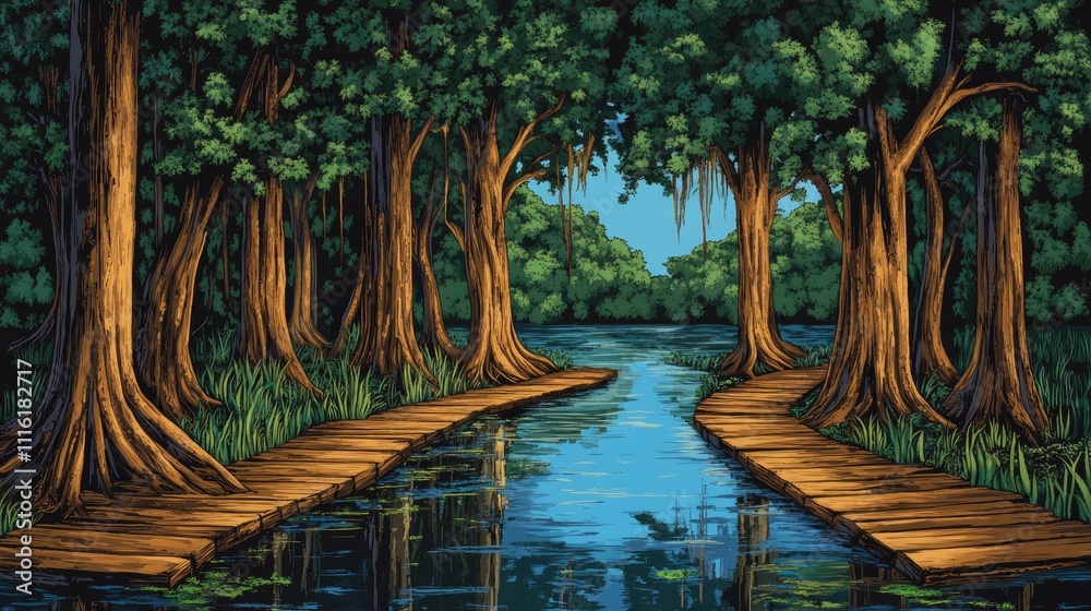 Poster scenic wooden boardwalk through a tranquil swamp surrounded by lush trees and reflective water in na