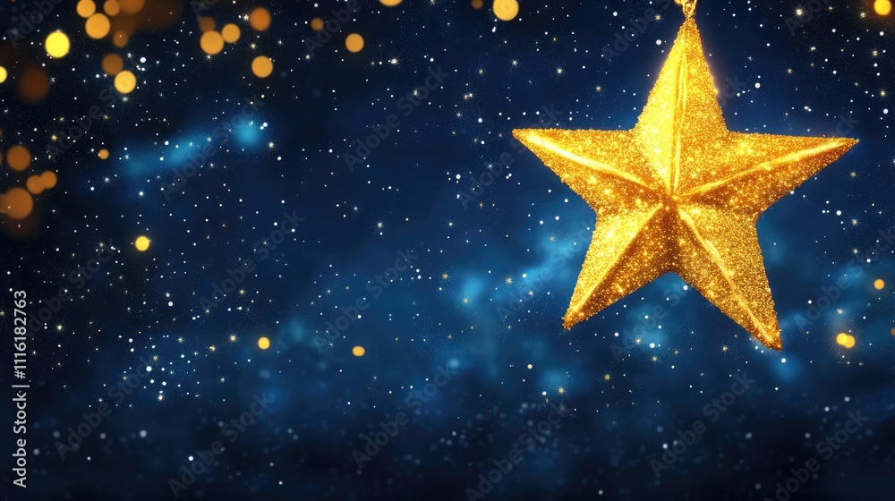Poster golden star hanging in a night sky filled with clouds and shimmering particles creating a magical ni