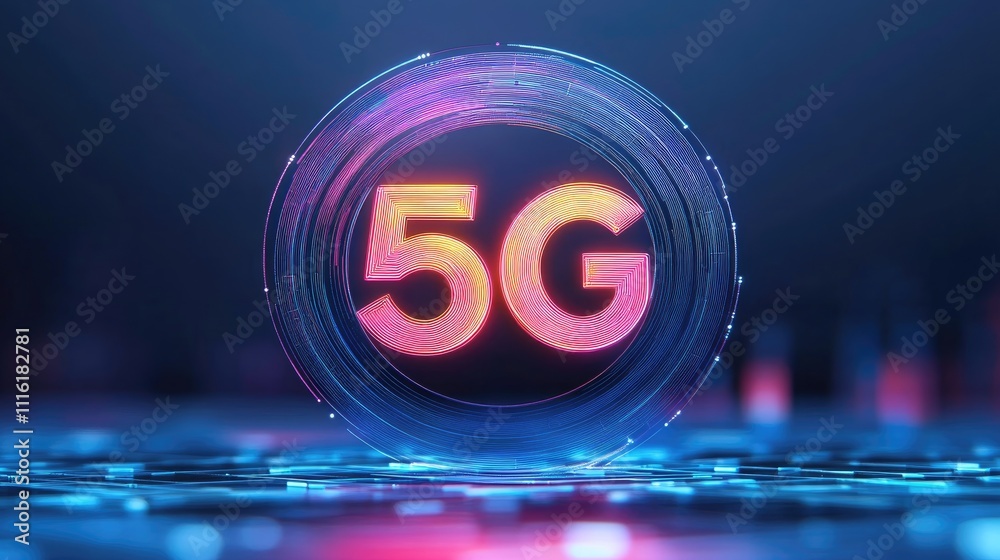 Poster Digital 5G hologram illuminated in vibrant colors over a futuristic city backdrop representing connectivity and technological advancement.
