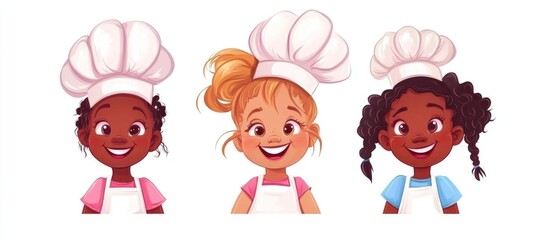 Cheerful children aspiring to be chefs wearing chef hats and aprons showcasing joy and creativity in cooking and culinary arts.