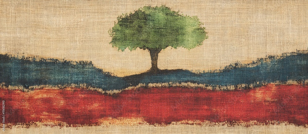 Poster abstract landscape artwork with a green tree on a textured jute background showcasing earthy tones a