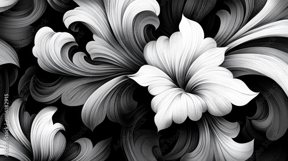 Poster elegant monochrome floral patterns with intricate swirls and shapes in black and white showcasing ar