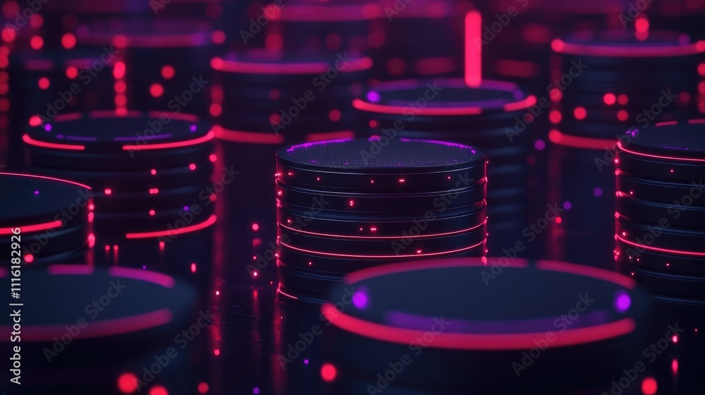 Poster Abstract representation of futuristic database storage technology with illuminated disks showcasing data transfer and cloud computing concepts.