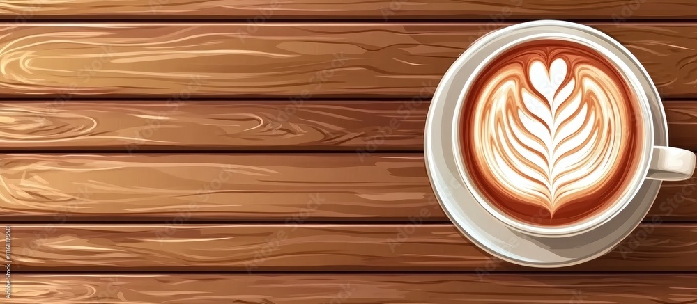 Poster latte art coffee cup on wooden background showcasing intricate designs with ample copy space in a to