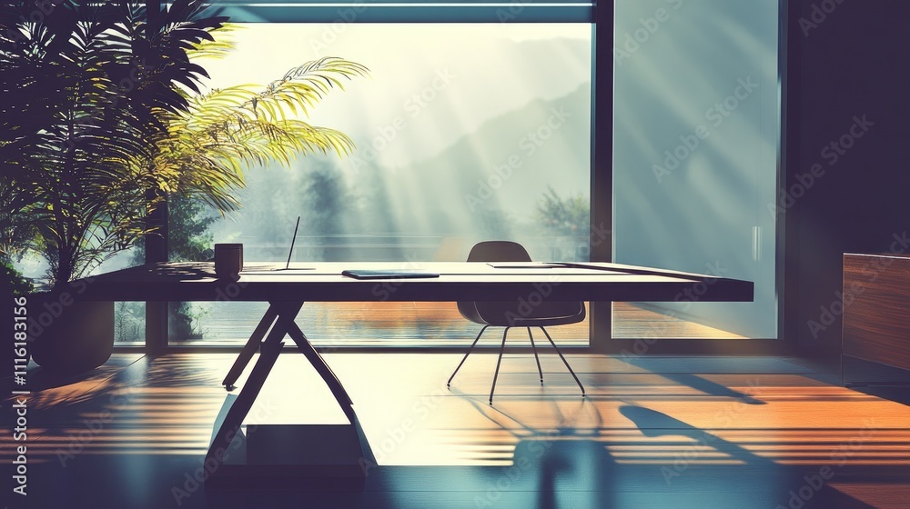 Poster Modern interior workspace with a table and chair by a sunny window showcasing light rays and greenery for a serene atmosphere.