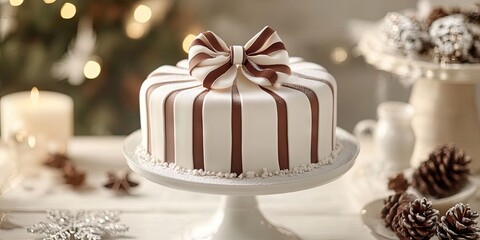 A cake elegantly presented on a pedestal, adorned with a ribbon bow, perfect for festive winter celebrations. This cake symbolizes joy and festivity in the winter season.