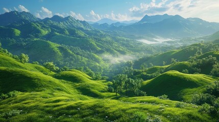 Obraz premium Lush green hills create a stunning backdrop with a captivating mountaintop view, offering a perfect blend of natures beauty and serenity. Lush green hills invite exploration and tranquility.