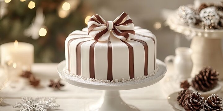 A cake elegantly presented on a pedestal, adorned with a ribbon bow, perfect for festive winter celebrations. This cake symbolizes joy and festivity in the winter season.