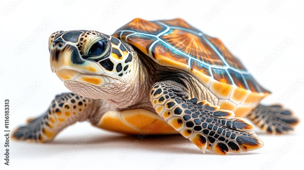 Poster Colorful turtle on a pristine white background showcasing intricate patterns and textures in a vibrant, artistic composition.