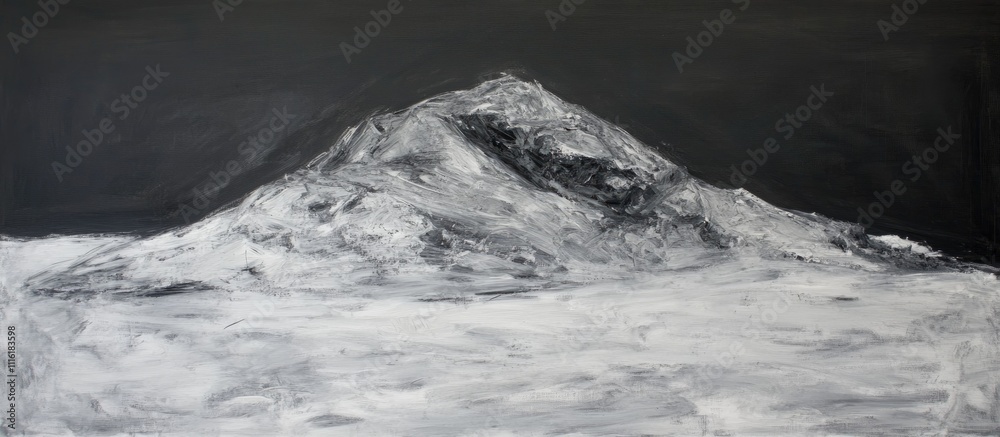 Poster abstract monochromatic landscape painting depicting a mountain merging with a serene sea under a dar