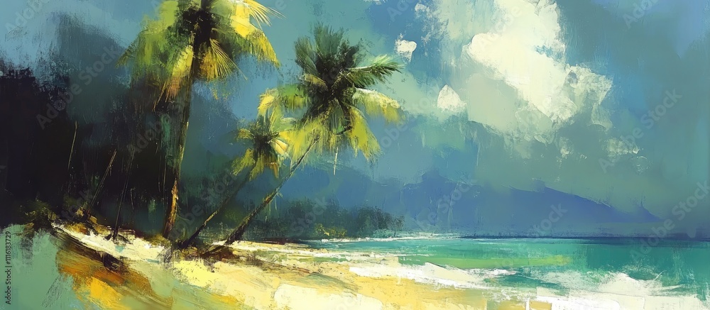 Poster coconut palm trees on a serene beach with vibrant sky and ocean waves creating a tranquil tropical i