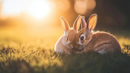 Obraz premium Two bunnies cuddling on the grass during sunset, creating a serene atmosphere. The adorable bunnies embrace each other, perfect for capturing warmth and love in nature.