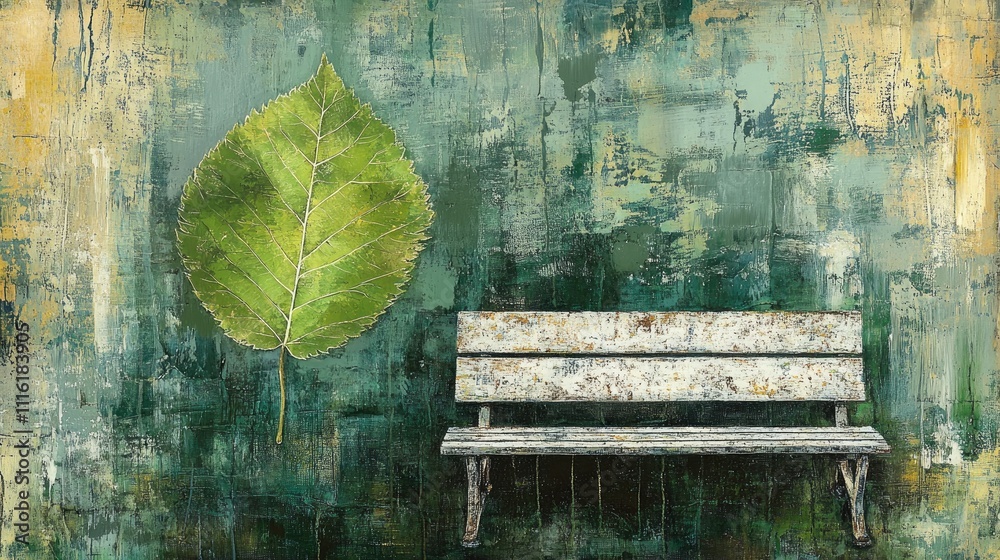 Poster textured green leaf alongside a rustic white garden bench creating a serene natural atmosphere in a 