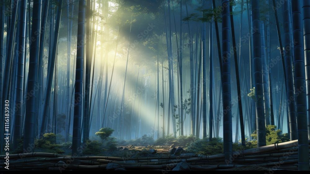 Poster Sunlight filters through tall bamboo trees creating a serene forest atmosphere with a clear blue sky in the morning.