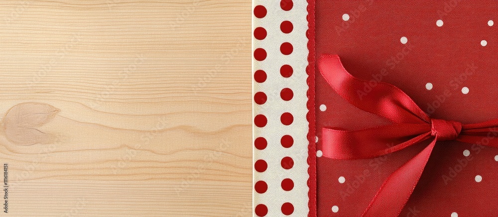 Poster gift box with red ribbon and polka dots on a rustic wooden background creating a warm and festive at