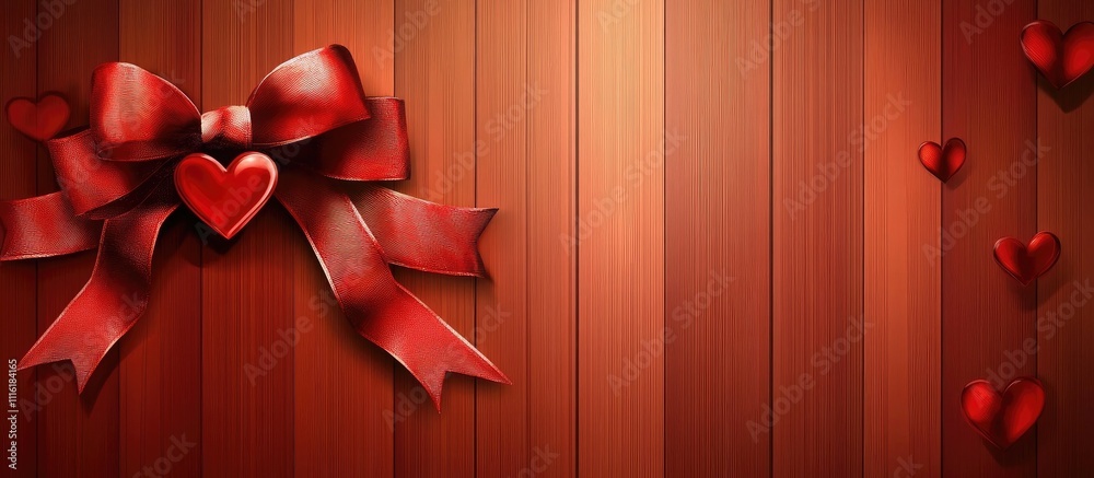 Aufkleber Red hearts and ribbon adorned on a rustic wooden background creating a romantic and festive atmosphere for love themed designs