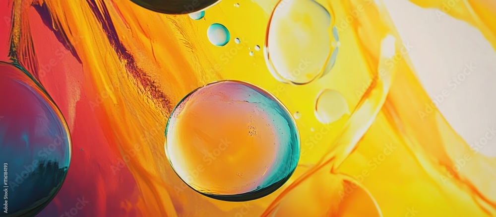 Poster vibrant abstract background featuring colorful oil rings in dynamic arrangement with luminous lighti