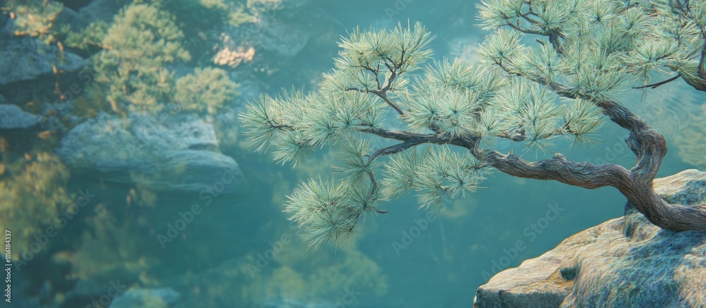 Poster tranquil abstract backdrop with pine branch reflecting in serene water landscape for design and natu