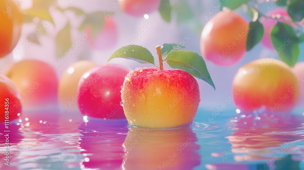Poster Vibrant apples floating in water surrounded by blossoms and sunlight creating a serene and refreshing atmosphere