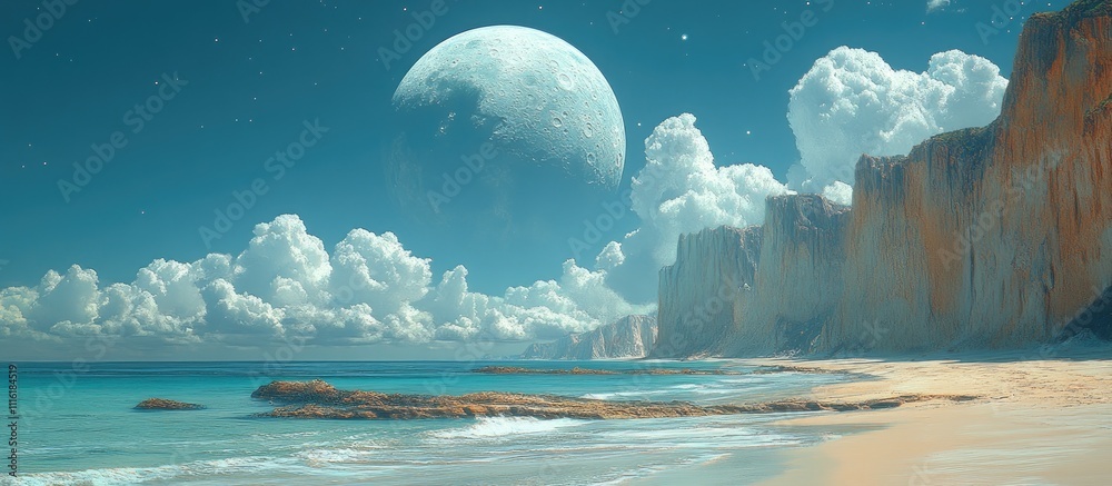 Poster dreamy beach landscape with lunar features under a starry sky and dramatic cliffs creating a surreal