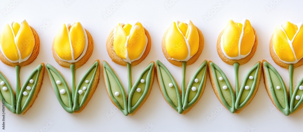 Poster gingerbread tulip cookies in bright yellow with decorative icing on a white background for spring or