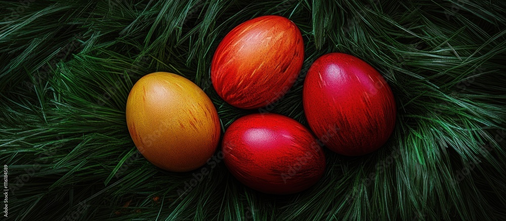 Poster vibrant colored easter eggs resting on lush green grass creating a festive and cheerful springtime s