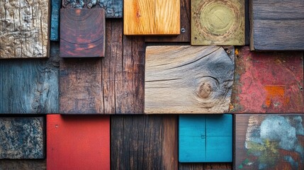 A vibrant backdrop highlights various wooden textures, each exhibiting unique characteristics, creating a visually striking composition with ample copy space.