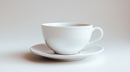 Elegant white coffee cup with saucer, elegantly isolated on a white background, creating a clean and minimalistic style perfect for coffee-themed compositions. Photo has ample copy space.
