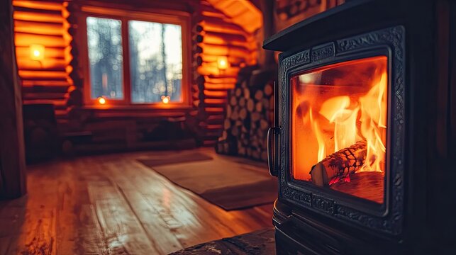 Close-up of a log burner in a cozy log cabin, illuminated by the warmth of winters fire, offering a bright and inviting atmosphere, with ample photo style copy space.