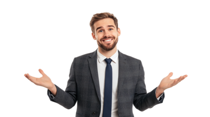 A male business advisor in a suit, standing with a friendly expression, with a white background