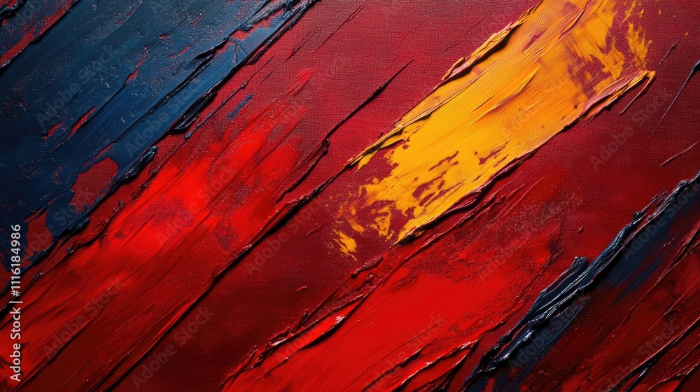 Poster Vibrant abstract texture with bold red and yellow strokes creating a striking colorful background for artistic designs and templates