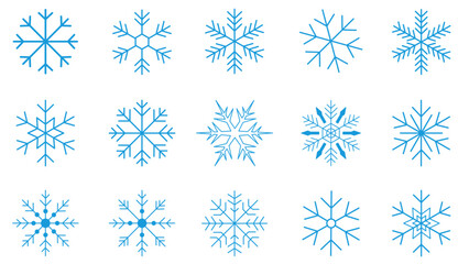Set of blue snowflakes christmas linear vector icon. Geometric snowflake shape, nature and winter related vector symbol hand drawn contour collection. Line art illustration design for logo, sticker