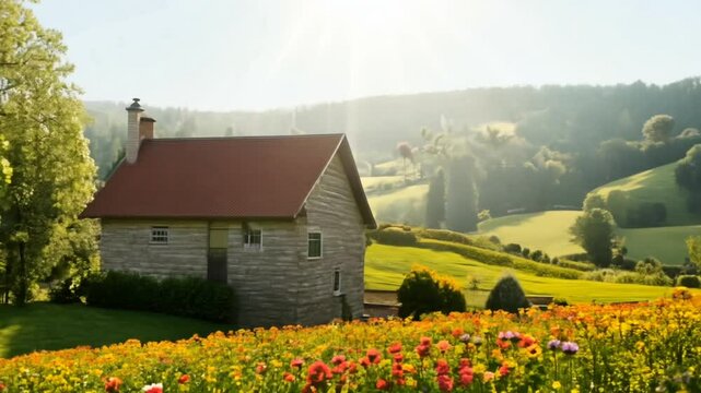 A serene countryside scene featuring a cozy house surrounded by vibrant flowers and greenery.
