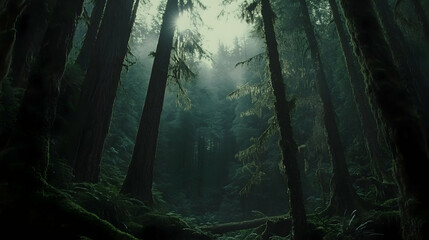 Fototapeta premium Majestic sunbeams pierce a dense, mossy, old-growth forest.