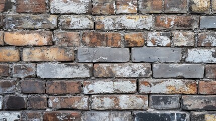 Fototapeta premium Vintage wall of old bricks with distinct signs of aging, capturing the unique charm and character of the weathered bricks. Ideal for designs with ample copy space.