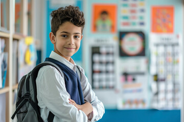schoolboy in a school uniform stands in a school. portrait of a student with backpack. AI Generated